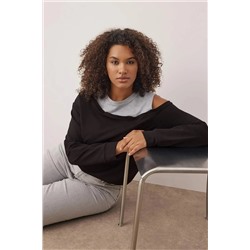 Siyah Bisiklet Yaka Omuz Detaylı İnce Örme Büyük Beden Sweatshirt TBBAW23AO00020