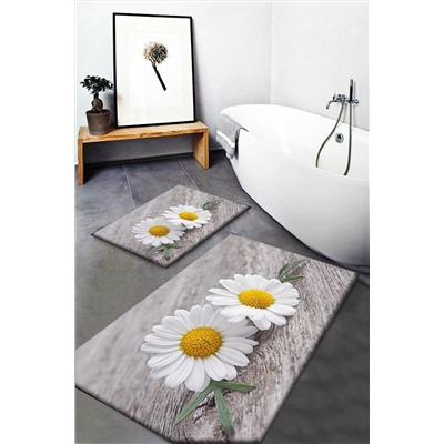 Else Halı Else Gri Sarı Papatyalar Desenli Yıkanabilir Kaymaz Taban 2li Banyo Halısı Paspas Klozet Takımı elseozelbanyo3