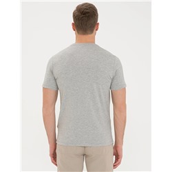 Açık Gri Melanj Slim Fit Baskılı Bisiklet Yaka Tişört