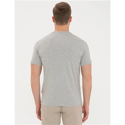 Açık Gri Melanj Slim Fit Baskılı Bisiklet Yaka Tişört