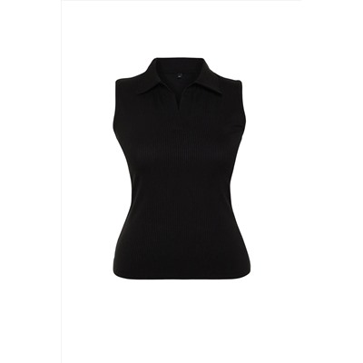 Siyah Fitted/Vücuda Oturan Polo Yaka Esnek Örme Büyük Beden Bluz TBBSS24AF00065