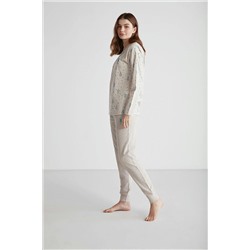 U.S. Polo Assn. Kadın Pamuklu Bej Yılbaşı Desenli Dar Paça 2'li Pijama Takımı 26978