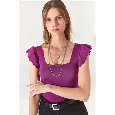 Olalook, Kadın Mürdüm Kolu Fırfırlı Yazlık Triko Bluz BLZ-19001035
