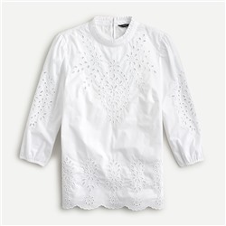 Mockneck cotton poplin top with embroidered eyelet
