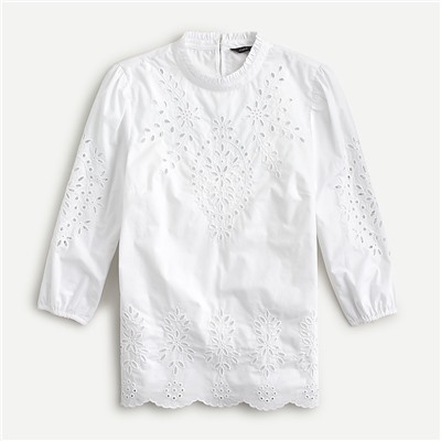 Mockneck cotton poplin top with embroidered eyelet