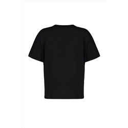 Siyah Geniş Kalıp Baskılı Bisiklet Yaka %100 Pamuk Örme T-shirt TBBSS23BF00015