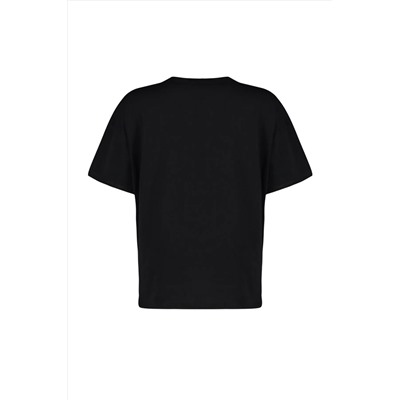 Siyah Geniş Kalıp Baskılı Bisiklet Yaka %100 Pamuk Örme T-shirt TBBSS23BF00015