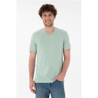 Erkek Regular Fit  V Yaka Su Yeşili Basic Tişört