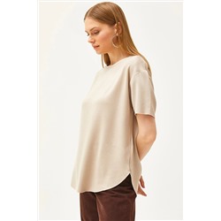 Olalook, Kadın Bej Modal Tuşeli Yumuşak Dokulu Altı Oval Tişört TSH-19000771