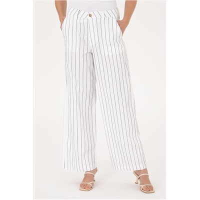 Kadın Beyaz Çizgili Loose Fit Kanvas Pantolon