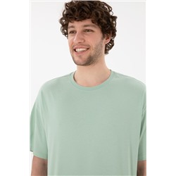 Erkek Oversize Fit Bisiklet Yaka Su Yeşili Tişört