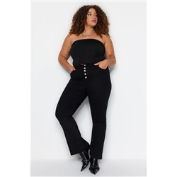 Solmayan Siyah Önden Düğmeli İspanyol Paça Yüksek Bel Jeans TBBAW24CJ00001