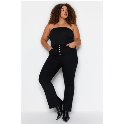 Solmayan Siyah Önden Düğmeli İspanyol Paça Yüksek Bel Jeans TBBAW24CJ00001