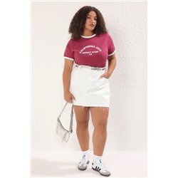 Koyu Vişne Bisiklet Yaka Basklı Örme Büyük Beden T-Shirt TBBSS25BF00014