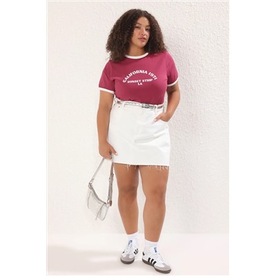 Koyu Vişne Bisiklet Yaka Basklı Örme Büyük Beden T-Shirt TBBSS25BF00014