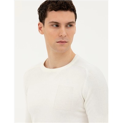 Ekru Slim Fit Bisiklet Yaka Triko Kazak
