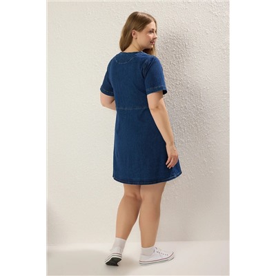 Mavi Belden Açılan/Skater V Yaka Denim Elbise TBBSS23AH00078
