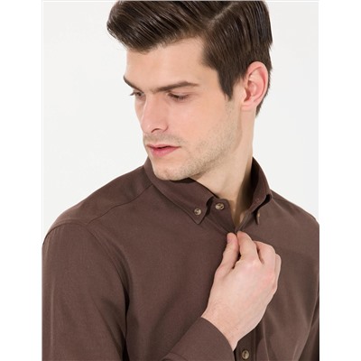 Kahverengi Slim Fit Uzun Kollu Gömlek