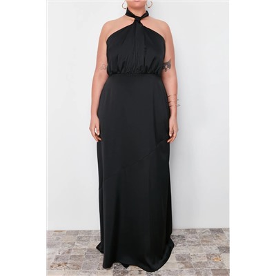 Siyah Halter Yaka Saten Maxi/Uzun Boy Büyük Beden Party/Mezuniyet/Abiye Elbise TBBSS24AH00150
