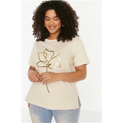 Bej Bisiklet Yaka Metalik Baskılı %100 Pamuk Örme T-Shirt TBBSS22TS2287