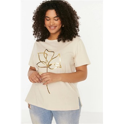 Bej Bisiklet Yaka Metalik Baskılı %100 Pamuk Örme T-Shirt TBBSS22TS2287
