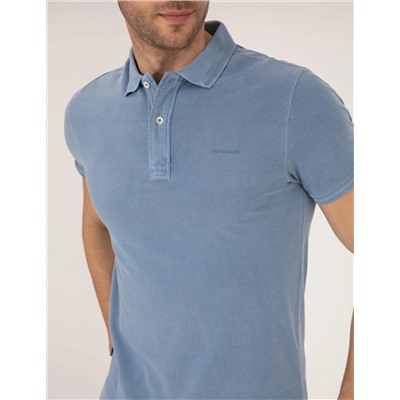 Koyu Mavi Slim Fit Eskitme Polo Yaka Tişört