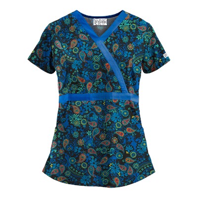 UA Perfect Paisley Black Mock Wrap Scrub Top