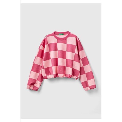 United Colors of BenettonKız Çocuk Pembe Dama Desenli Crop Sweatshirt Pembe