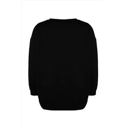 Siyah Kalın İçi Polarlı Yırtmaçlı Oversize/Bol Kesim Örme Büyük Beden Sweatshirt TBBAW24AO00003