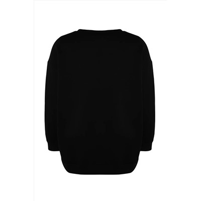 Siyah Kalın İçi Polarlı Yırtmaçlı Oversize/Bol Kesim Örme Büyük Beden Sweatshirt TBBAW24AO00003