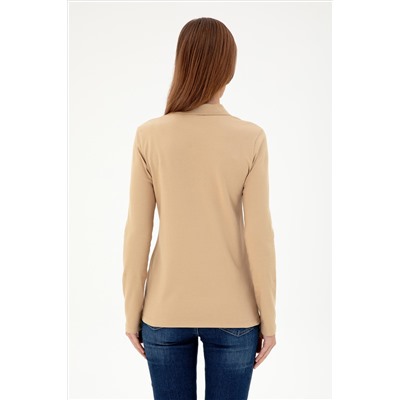 Kadın Kum Basic Polo Yaka Sweatshirt