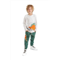 Denokids Stegosaurus Erkek Çocuk Beyaz T-shirt Haki Pantolon Takım CFF-23S1-017