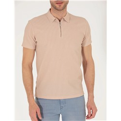 Bej Slim Fit Fermuarlı Polo Yaka Tişört