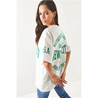 Olalook, Kadın Newport Beyaz Ön Arka Baskılı 2 iplik Unisex Oversize Tişört TSH-19000696