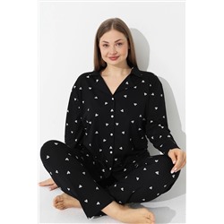 Siyah İnci Siyah Kalp Desenli Curve Büyük Beden Battal Boy Düğmeli Pamuklu Pijama Takımı 7617