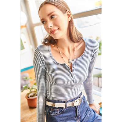 Olalook Kadın Çizgili İndigo Patlı Kaşkorse Bluz BLZ-19000588