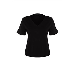 Siyah V Yaka Basic %100 Pamuk Örme T-Shirt TBBSS22BF0028