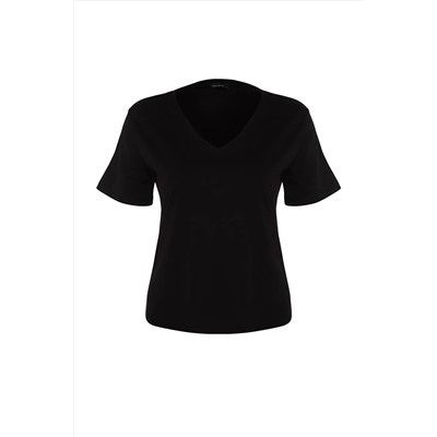 Siyah V Yaka Basic %100 Pamuk Örme T-Shirt TBBSS22BF0028