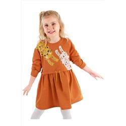 Denokids, Turuncu Leoparlı Beli Lastikli Uzun Kollu Kız Çocuk Elbise