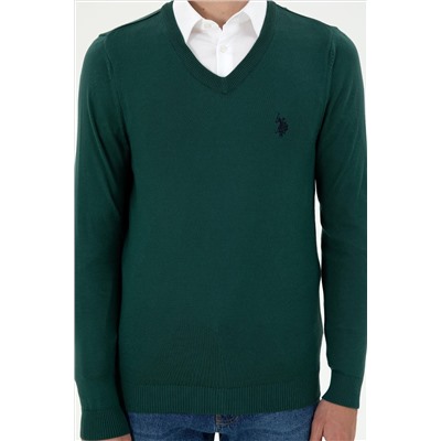 Erkek Slim Fit V Yaka Koyu Yeşil Basic Kazak