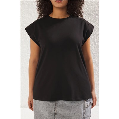 Siyah Regular Fit %100 Pamuk Örme Büyük Beden T-shirt TBBSS25BF00004