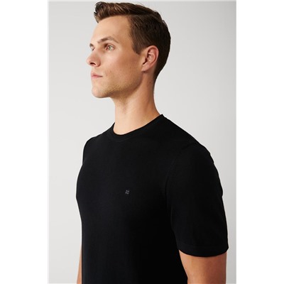 Siyah Bisiklet Yaka Pamuklu Regular Fit Standart Kesim İnce Triko T-Shirt