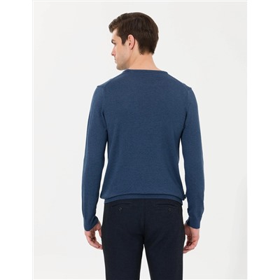 İndigo Melanj Slim Fit Bisiklet Yaka Basic Triko Kazak