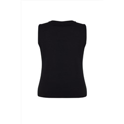 Siyah Bisiklet Yaka Düğme Detaylı Örme Bluz TBBSS23AF00071