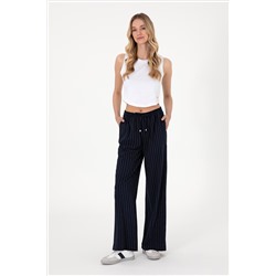 Kadın Lacivert Çizgili Loose Relax Fit Kanvas Pantolon