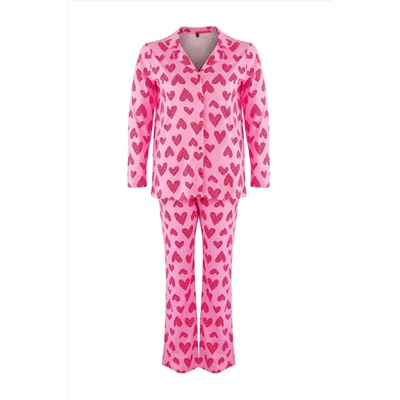 Pembe %100 Pamuklu Kalp & Leopar Desenli Gömlek-Pantolon Örme Pijama Takımı TBBAW26AI00017