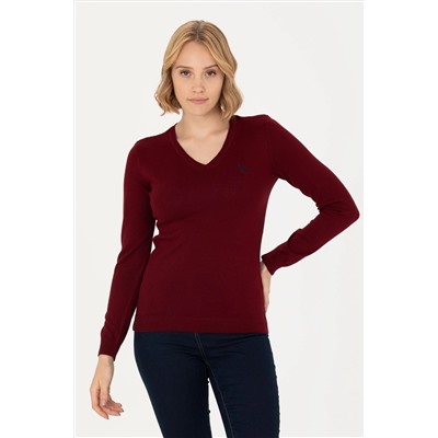 Kadın Bordo V - Yaka Basic Kazak