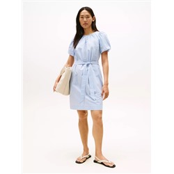 Stripe Puff-Sleeve Belted Dress