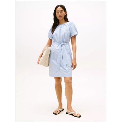 Stripe Puff-Sleeve Belted Dress