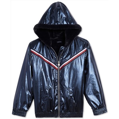 Tommy Hilfiger Little Girls Hooded Metallic Jacket With Faux-Fur Trim